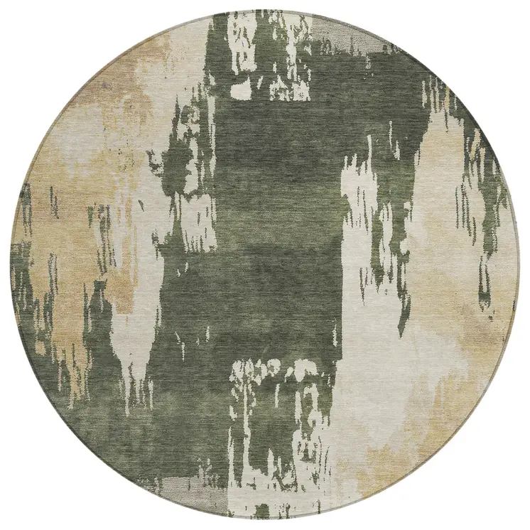8' Olive Green Ivory And Tan Round Abstract Washable Indoor Outdoor Area Rug