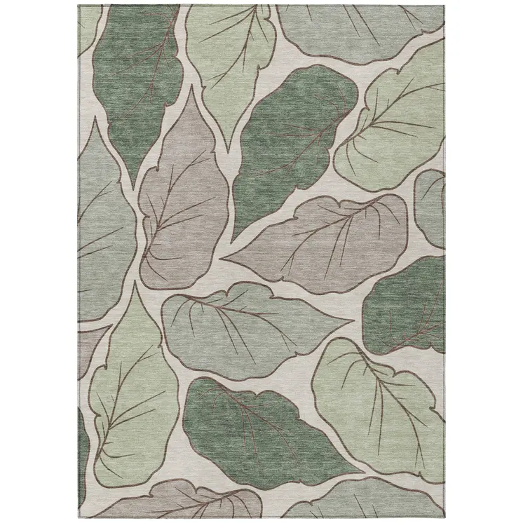 10' X 14' Fern Green And Ivory Botanical Leaves Washable Indoor Outdoor Area Rug