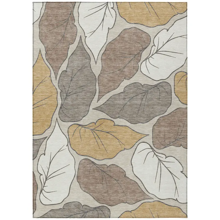 5' X 8' Linen Ivory And Brown Botanical Leaves Washable Indoor Outdoor Area Rug