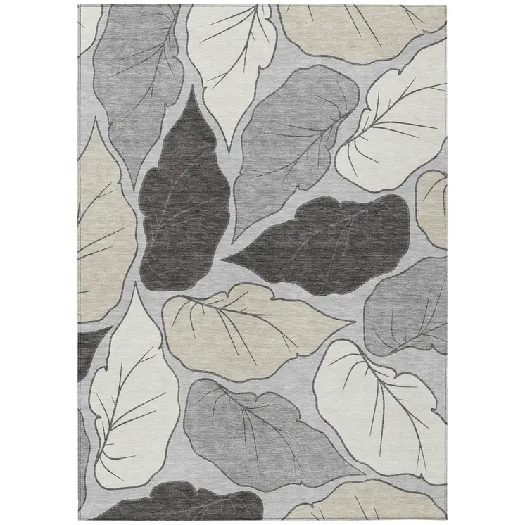 8' X 10' Silver Gray And Beige Botanical Leaves Washable Indoor Outdoor Area Rug