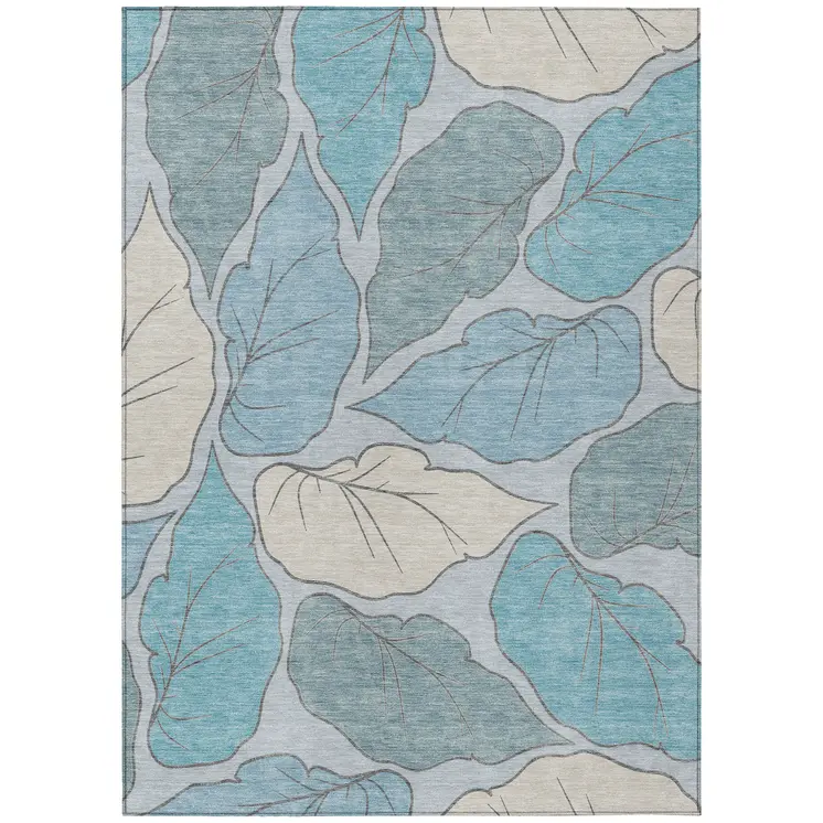 8' X 10' Teal Blue And Ivory Botanical Leaves Washable Indoor Outdoor Area Rug