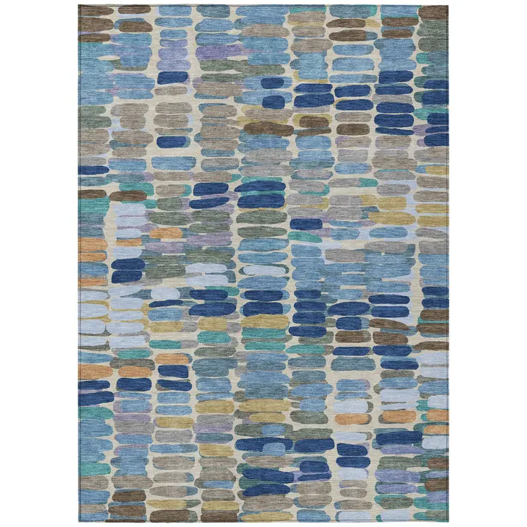 5' X 8' Denim Blue Wheat And Beige Abstract Washable Indoor Outdoor Area Rug