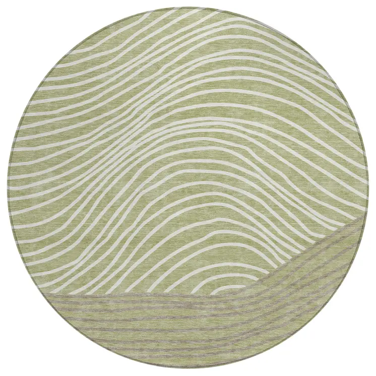 8' Artichoke Green And Ivory Round Striped Washable Indoor Outdoor Area Rug