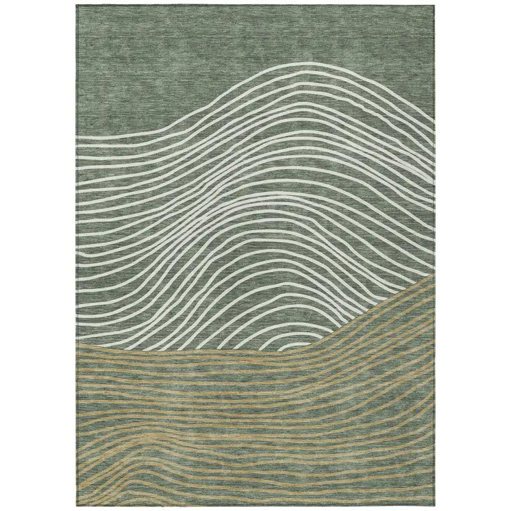 9' X 12' Fern Green Ivory And Gold Striped Washable Indoor Outdoor Area Rug
