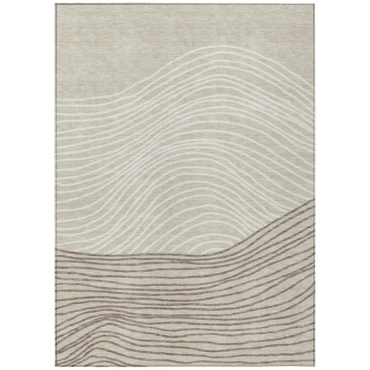 8' X 10' Beige Ivory And Brown Striped Washable Indoor Outdoor Area Rug