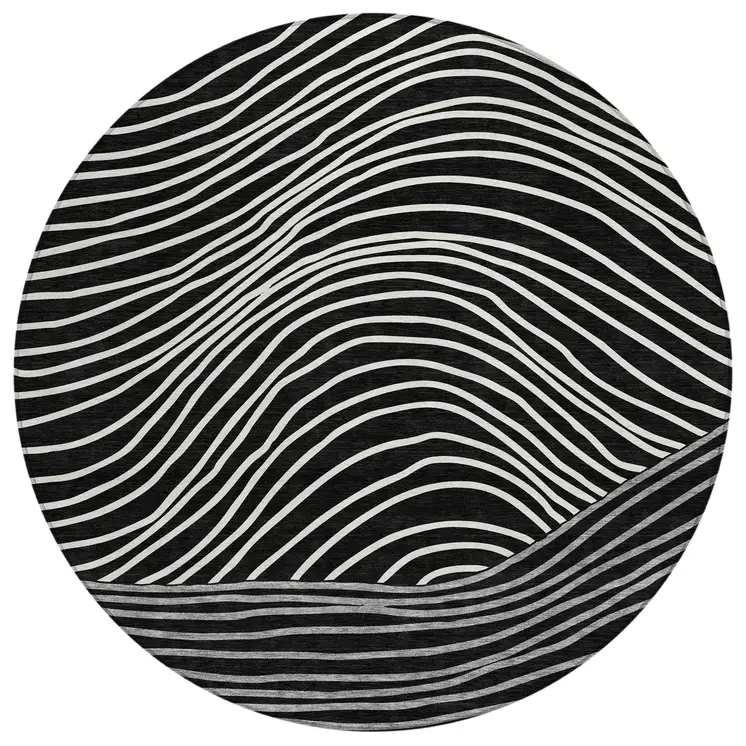 8' Black Ivory And Gray Round Striped Washable Indoor Outdoor Area Rug