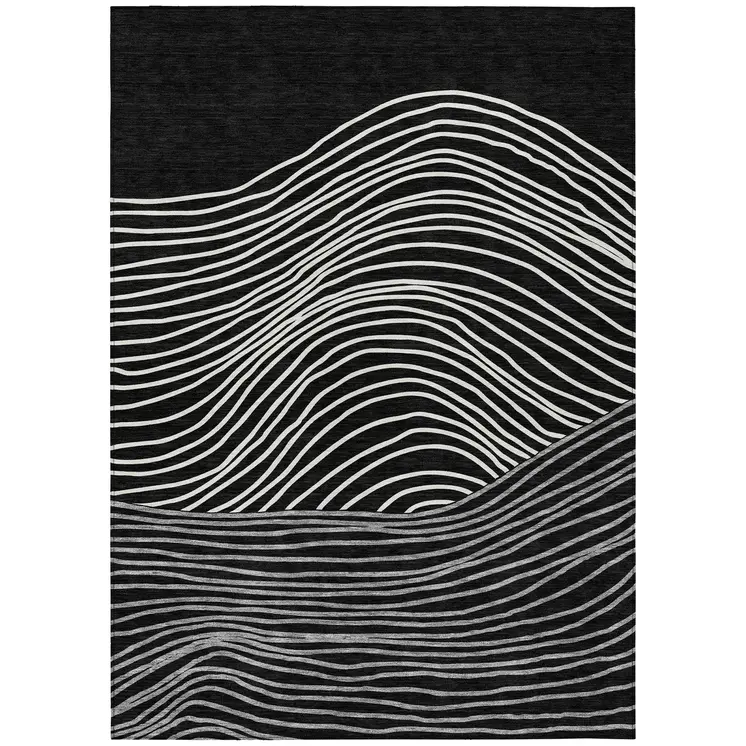 10' X 14' Black Ivory And Gray Striped Washable Indoor Outdoor Area Rug