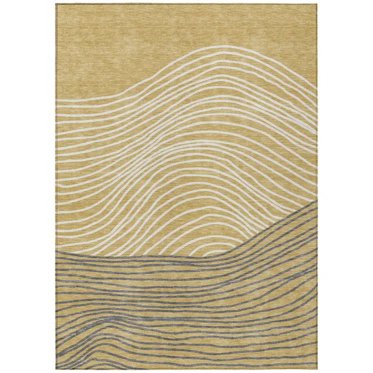 3' X 5' Gold Ivory And Charcoal Striped Washable Indoor Outdoor Area Rug