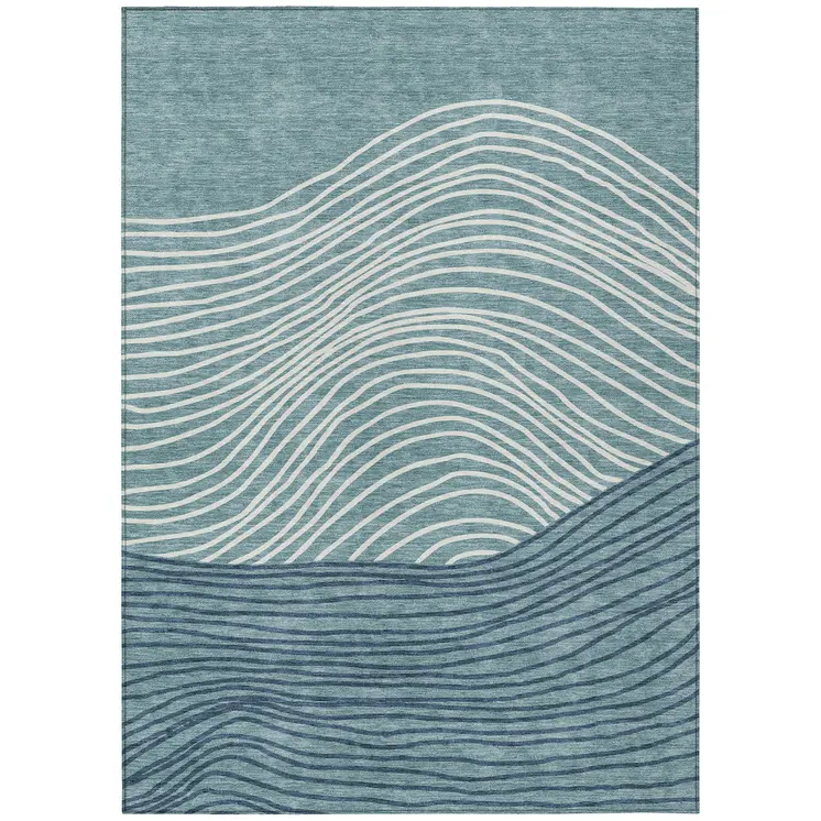 5' X 8' Teal Blue And Ivory Striped Washable Indoor Outdoor Area Rug