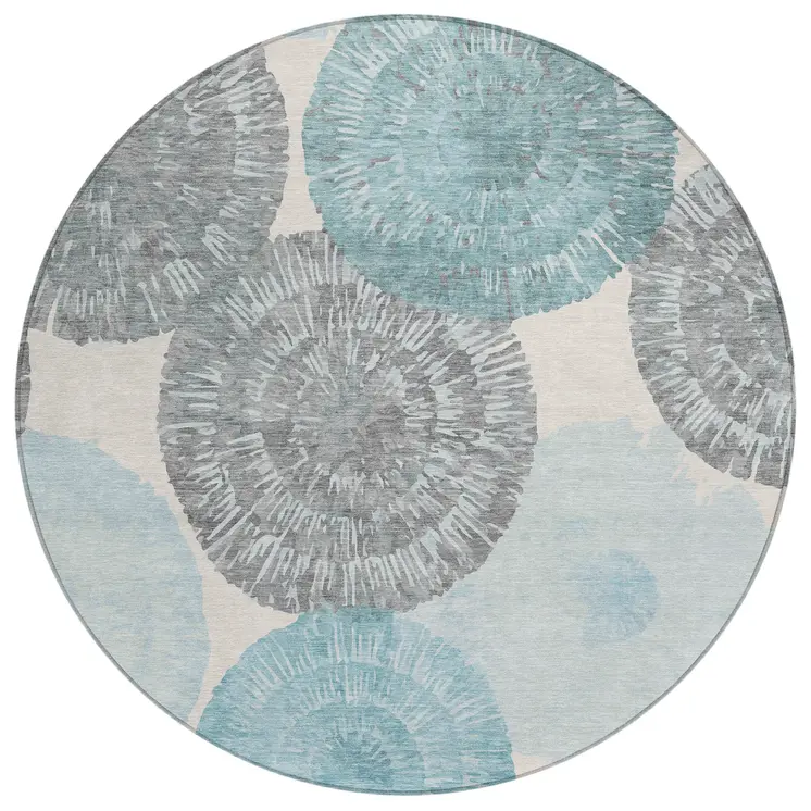 8' Teal Blue Ivory And Gray Round Abstract Washable Indoor Outdoor Area Rug