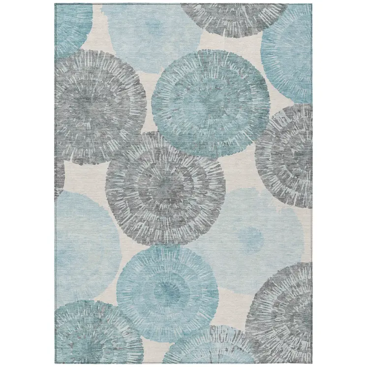 10' X 14' Teal Blue Ivory And Gray Abstract Washable Indoor Outdoor Area Rug