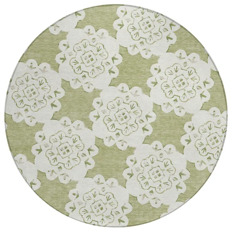 8' Artichoke Green And Ivory Round Quatrefoil Washable Indoor Outdoor Area Rug