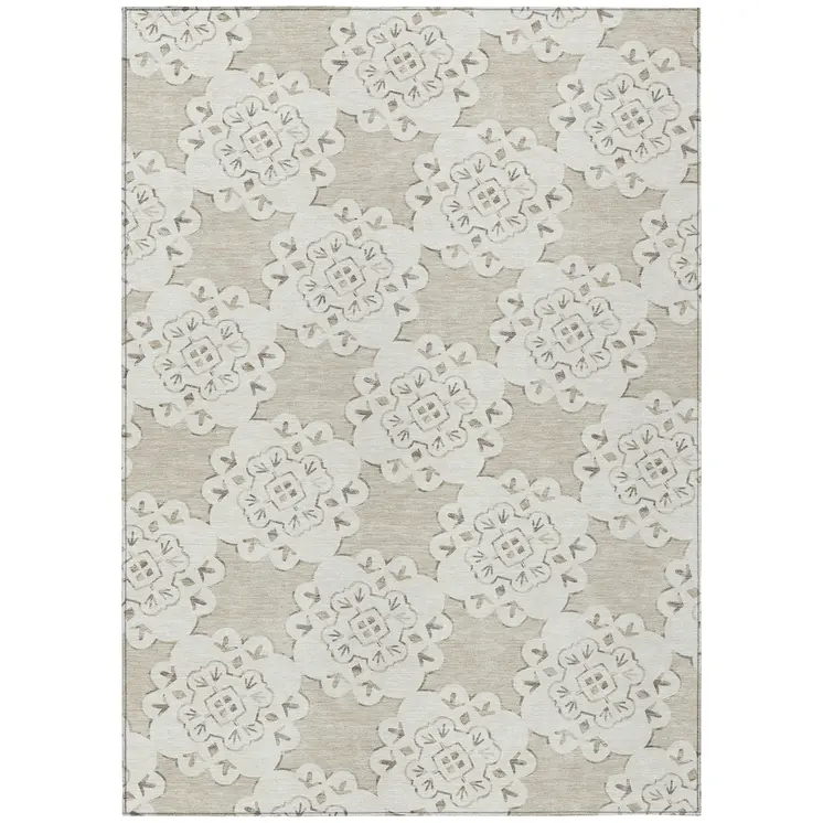 9' X 12' Beige And Ivory Quatrefoil Washable Indoor Outdoor Area Rug