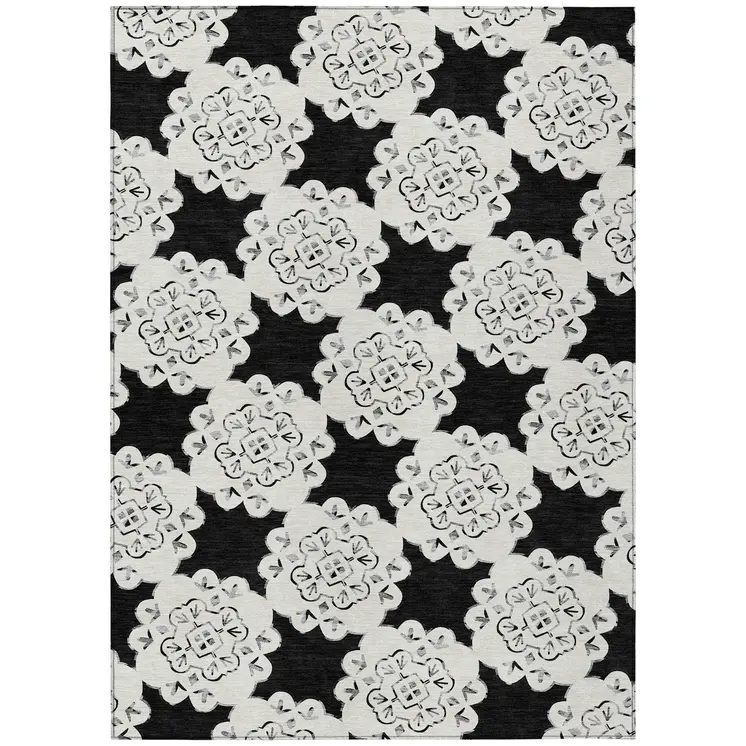 8' X 10' Black And Ivory Quatrefoil Washable Indoor Outdoor Area Rug