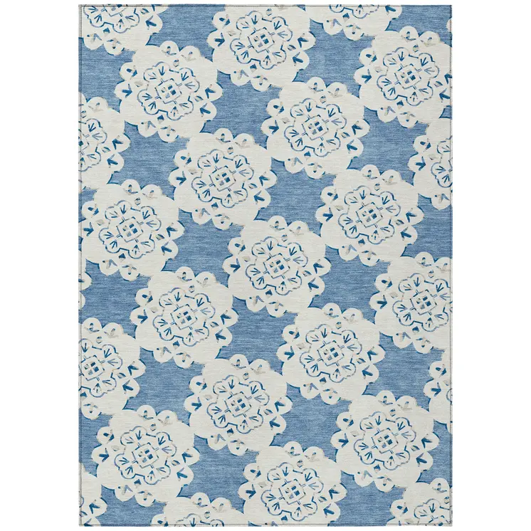 9' X 12' Blue And Ivory Quatrefoil Washable Indoor Outdoor Area Rug