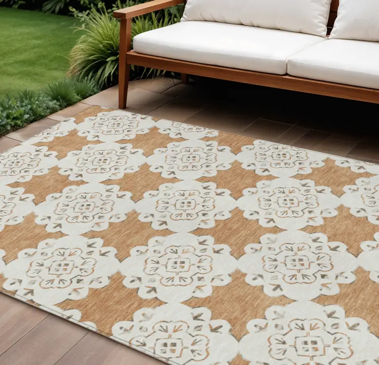 10' X 14' Copper And Ivory Quatrefoil Washable Indoor Outdoor Area Rug