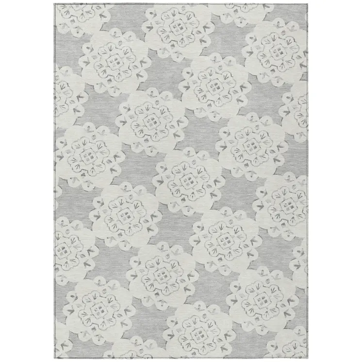10' X 14' Gray And Ivory Quatrefoil Washable Indoor Outdoor Area Rug