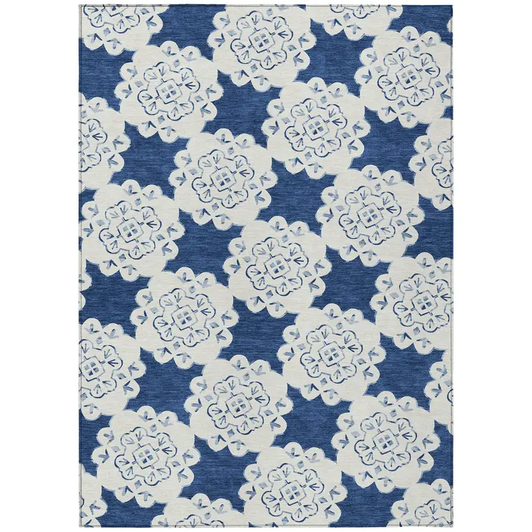3' X 5' Navy Blue And Ivory Quatrefoil Washable Indoor Outdoor Area Rug