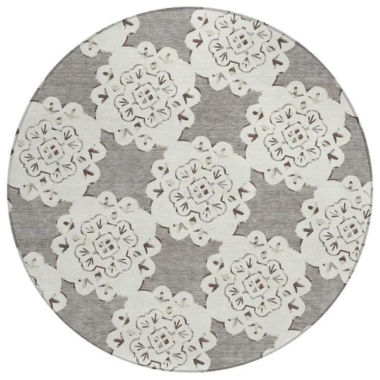8' Taupe And Ivory Round Quatrefoil Washable Indoor Outdoor Area Rug