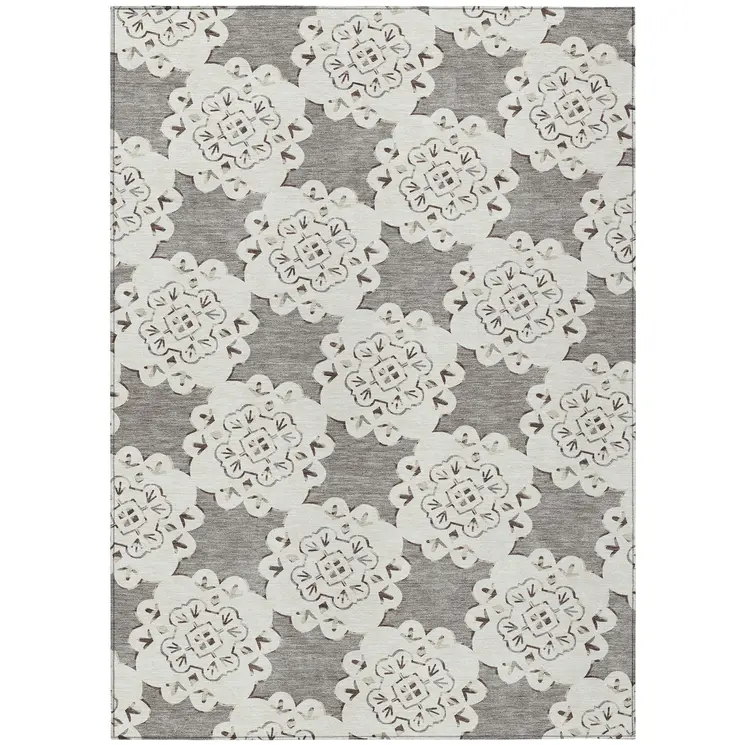 8' X 10' Taupe And Ivory Quatrefoil Washable Indoor Outdoor Area Rug