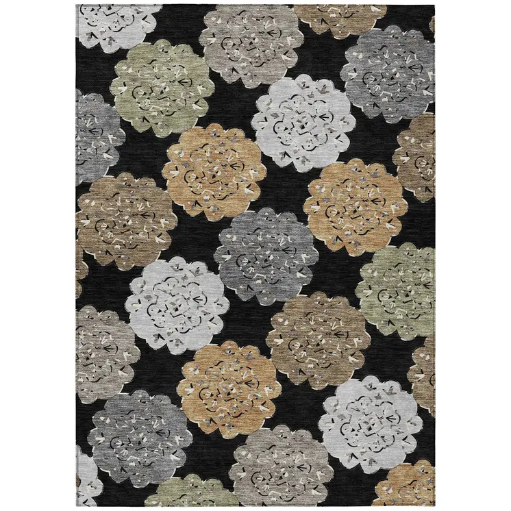 10' X 14' Black Ivory And Khaki Quatrefoil Washable Indoor Outdoor Area Rug