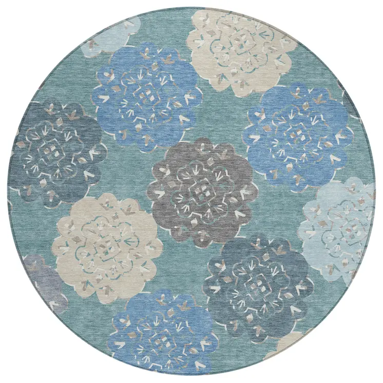 8' Teal Blue Beige And Ivory Round Quatrefoil Washable Indoor Outdoor Area Rug