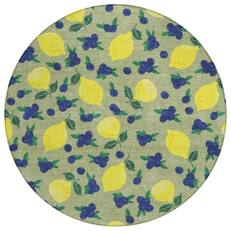 8' Artichoke Green Yellow And Blue Round Lemons Washable Indoor Outdoor Area Rug