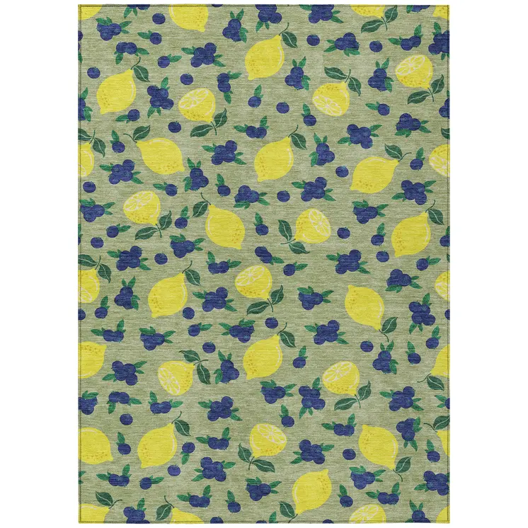8' X 10' Artichoke Green Yellow And Blue Lemons Washable Indoor Outdoor Area Rug