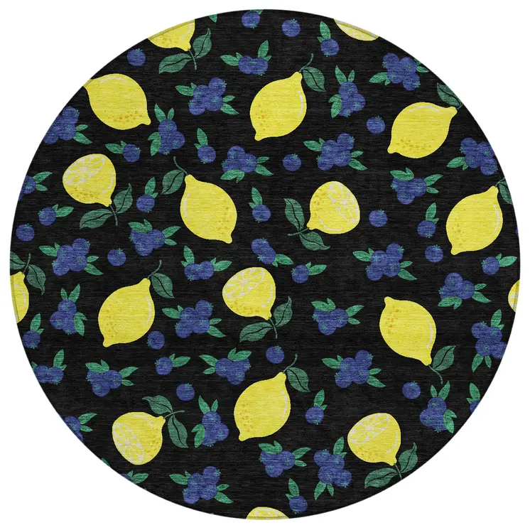 8' Black Yellow And Blue Round Lemons Washable Indoor Outdoor Area Rug