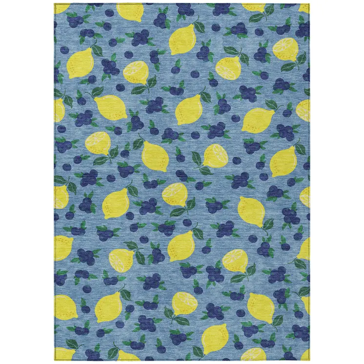 9' X 12' Denim Blue Yellow And Green Lemons Washable Indoor Outdoor Area Rug