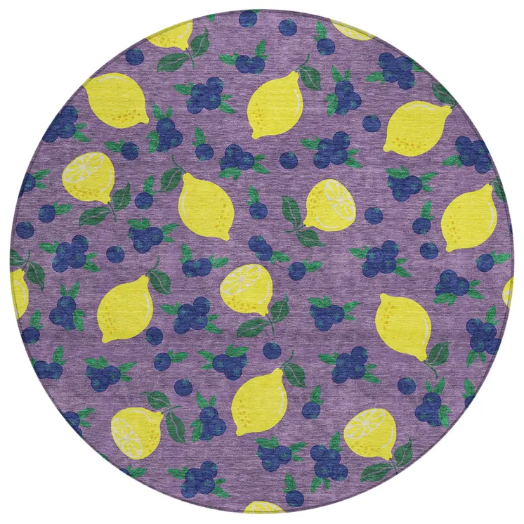 8' Lavender Yellow And Blue Round Lemons Washable Indoor Outdoor Area Rug