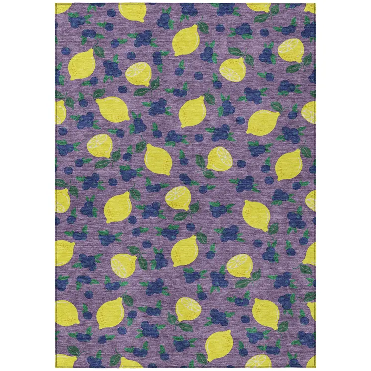 8' X 10' Lavender Yellow And Blue Lemons Washable Indoor Outdoor Area Rug