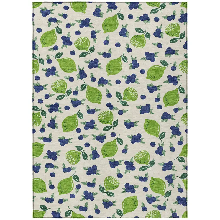 9' X 12' Linen Green And Blue Lemons Washable Indoor Outdoor Area Rug