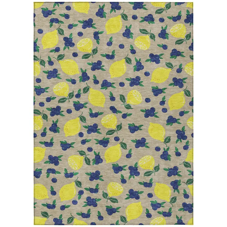10' X 14' Stone Yellow And Blue Lemons Washable Indoor Outdoor Area Rug
