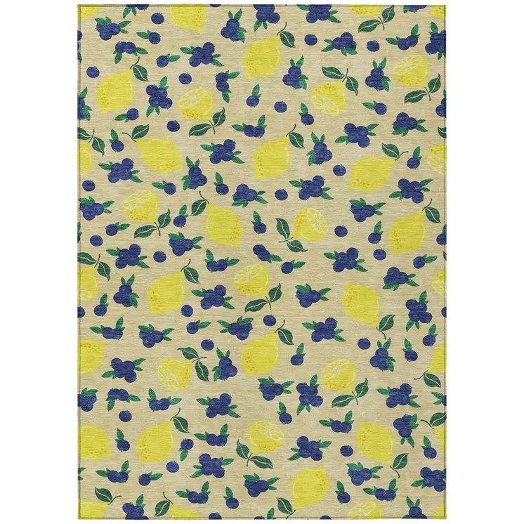 9' X 12' Wheat Yellow And Blue Lemons Washable Indoor Outdoor Area Rug