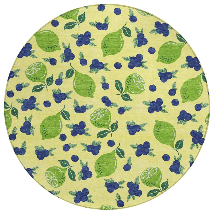 8' Yellow Blue And Green Round Lemons Washable Indoor Outdoor Area Rug