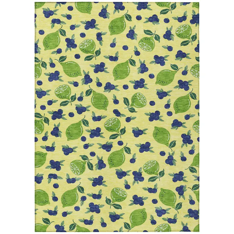 10' X 14' Yellow Blue And Green Lemons Washable Indoor Outdoor Area Rug
