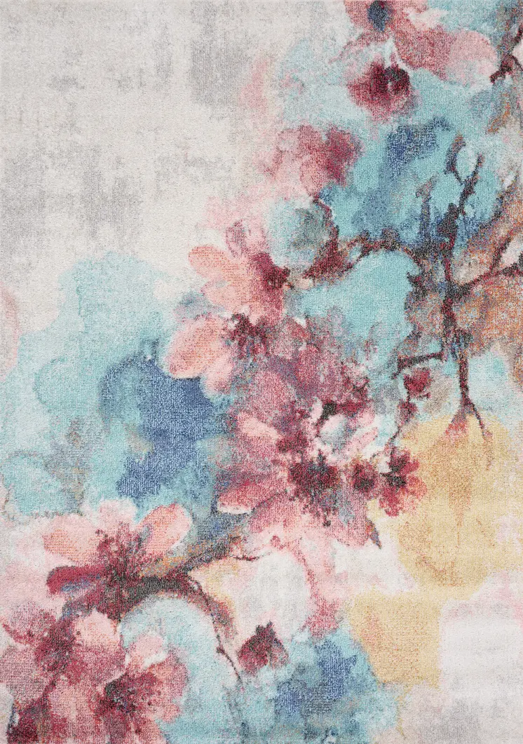 7' X 10' Cream And Blue Botanical Leaves Area Rug