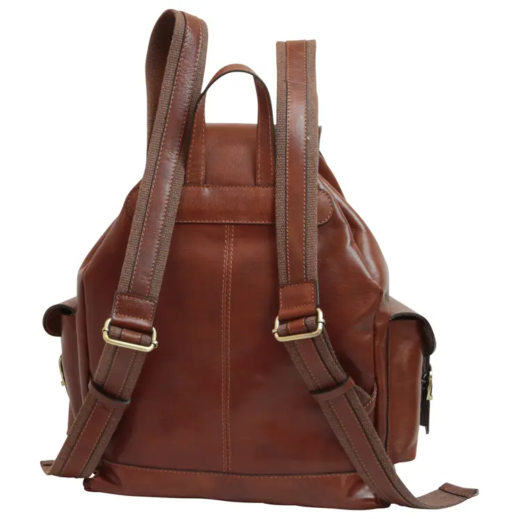 Leather backpack with 3 exterior pockets - Brown