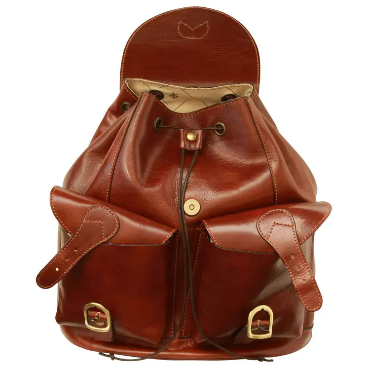 Leather backpack with 2 exterior pockets - Brown