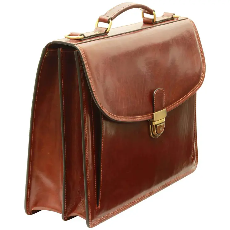 Briefcase with leather shoulder strap - Brown