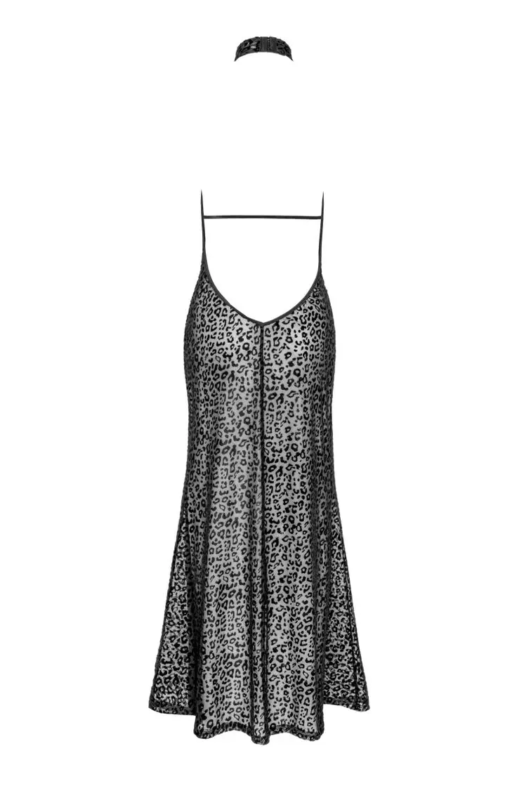 F288 Langes Flockkleid im Leoparden-Look mit Schlitz - 3XL