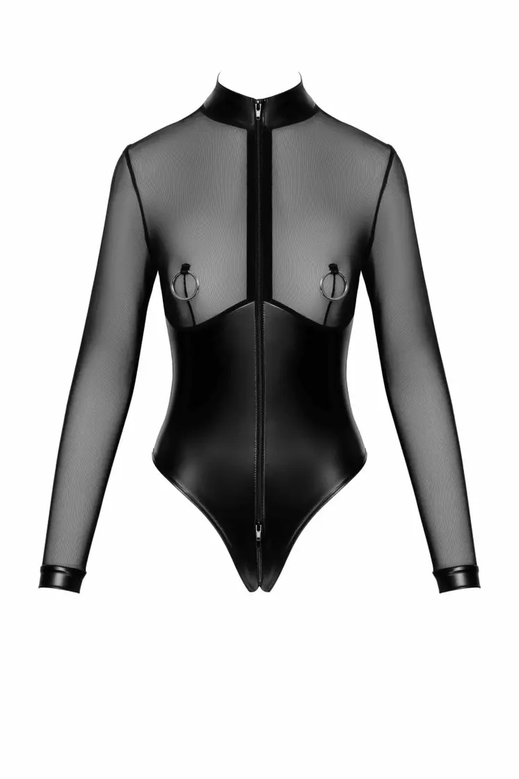 F321 Wetlook/Tüll Body mit Ringen - 3XL