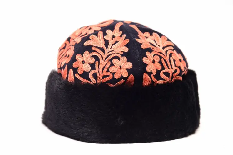 Handcrafted Black and Tangerine Suede Embroidered Hat