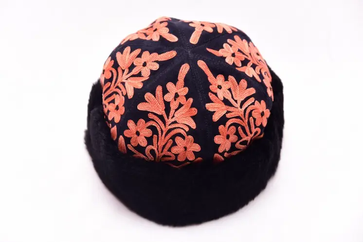 Handcrafted Black and Tangerine Suede Embroidered Hat
