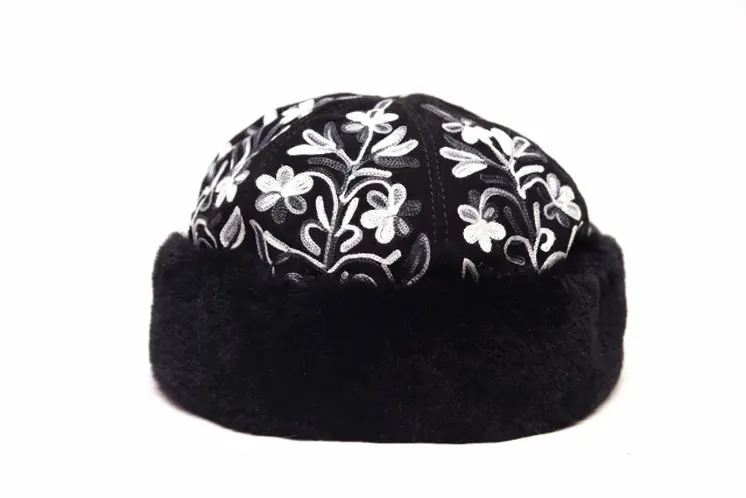 Handcrafted Black and White Suede Embroidered Hat