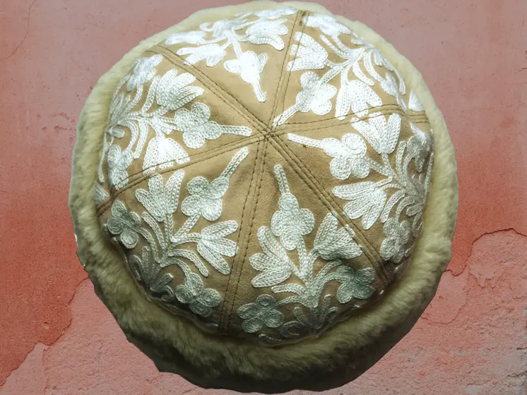 Handcrafted Suede Cream Embroidered Hat