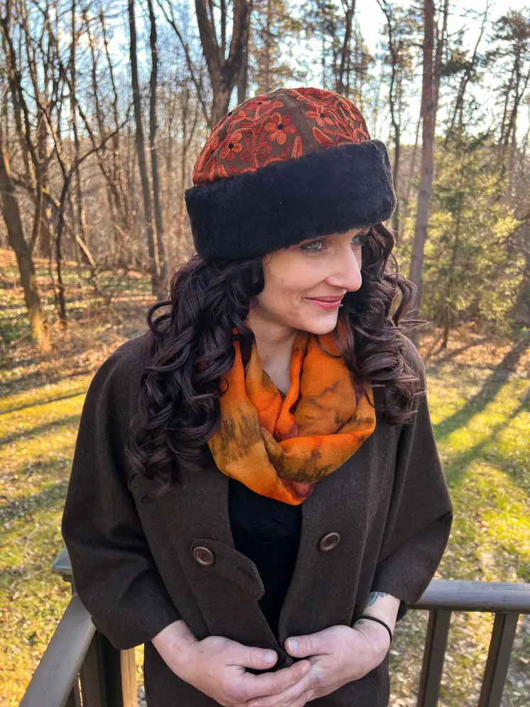 Handcrafted Suede Brown and Peach Embroidery Hat