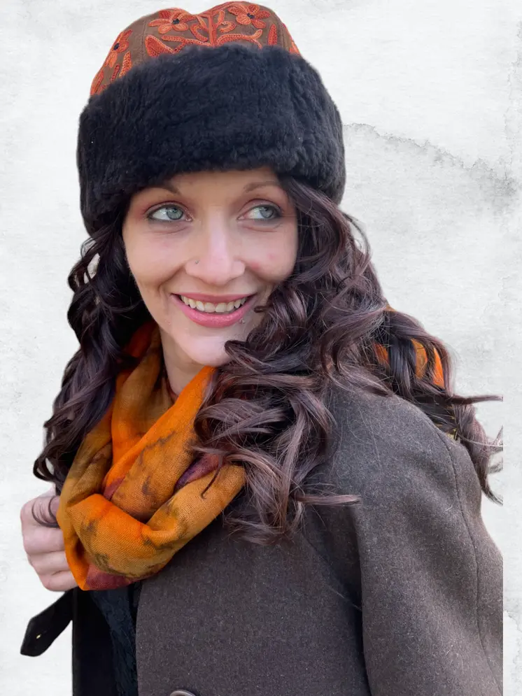 Handcrafted Suede Brown and Peach Embroidery Hat