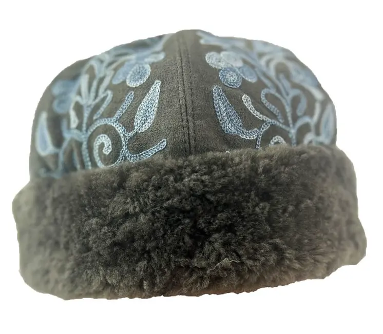 Handmade Suede Grey and Blue Embroidered Hat